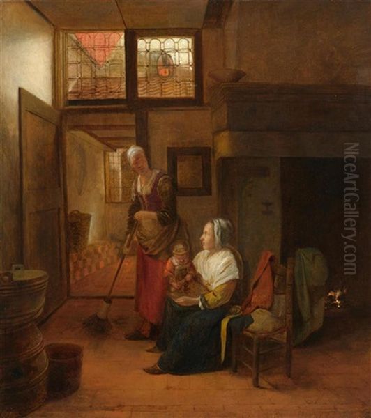 Interior With A Mother And Child And A Servant Oil Painting by Pieter De Hooch