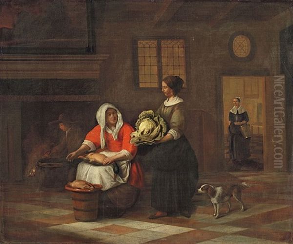 Kitchen Interior With Two Women Oil Painting by Pieter De Hooch