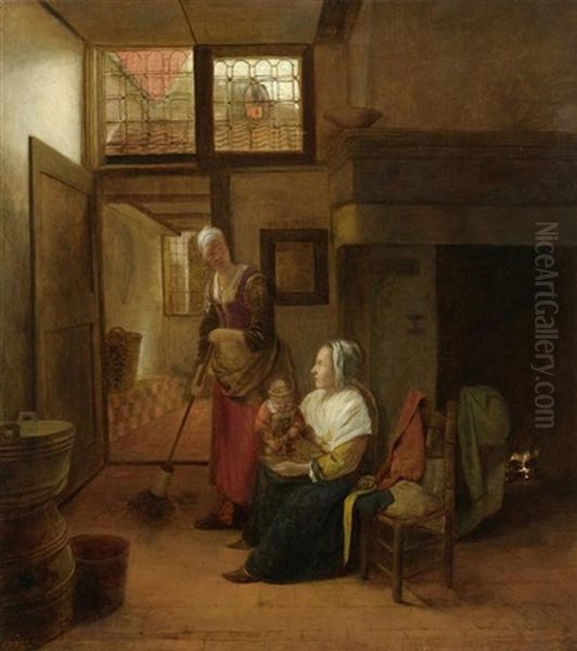 Interieur Mit Mutter Und Kind Und Einer Fegenden Dienerin by Pieter De Hooch