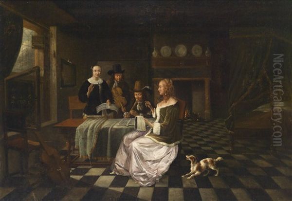 Burgerliches Interieur Mit Vier Personen Oil Painting by Pieter De Hooch