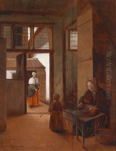 Interieur Mit Einer Frau Und Einem Kind Sowie Einer Magd, Die Einen Hof Fegt by Pieter De Hooch