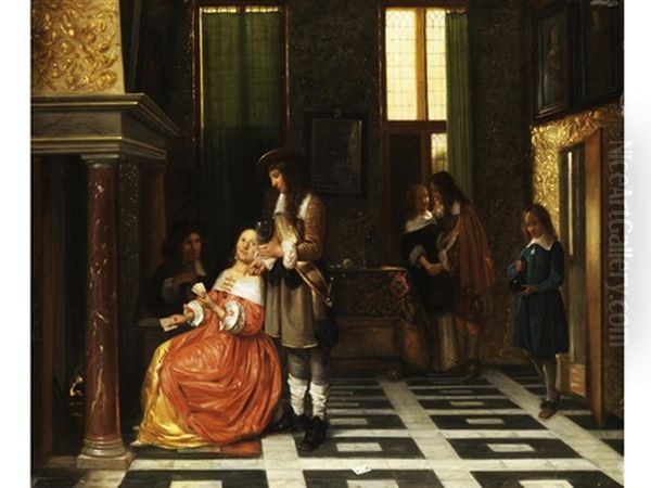 Hollandisches Interieur Mit Hofischen Personen (triumph Der Herzkarte) Oil Painting by Pieter De Hooch