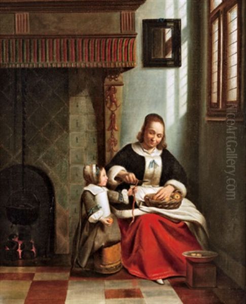 Die Apfelschalerin, Wiederholung Nach Dem Gemalde, Heute In Der Wallace Collection In London Oil Painting by Pieter De Hooch