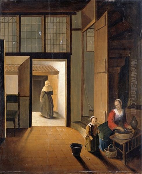 Interieur Mit Einer Jungen Frau Beim Gemuseputze, Neben Ihr Ein Kind by Pieter De Hooch