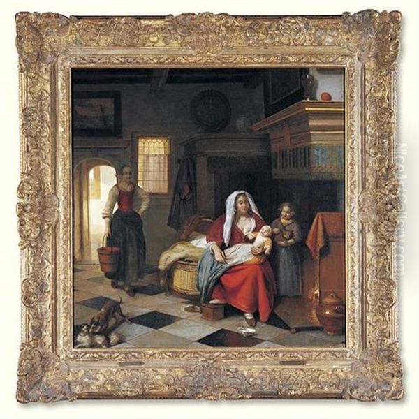 An Interior With A Mother And Her Children Before A Fireplace, A Maid Carrying A Pail Of Water Behind Oil Painting by Pieter De Hooch