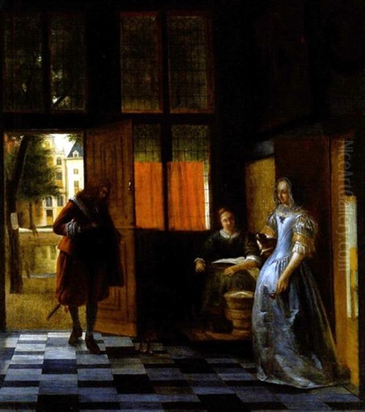 Der Besuch: Ein Kavalier Besucht Eine Vornehme Dame, Die Ihn Mit Ihrer Dienerin Im Vorraum Ihres Hauses Erwartet (collab. W/workshop) Oil Painting by Pieter De Hooch