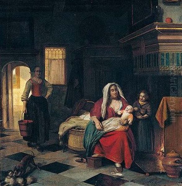 A Domestic Interior With A Mother Nursing Her Children Before A Fireplace, A Maid Carrying A Pail Of Water Behind Oil Painting by Pieter De Hooch