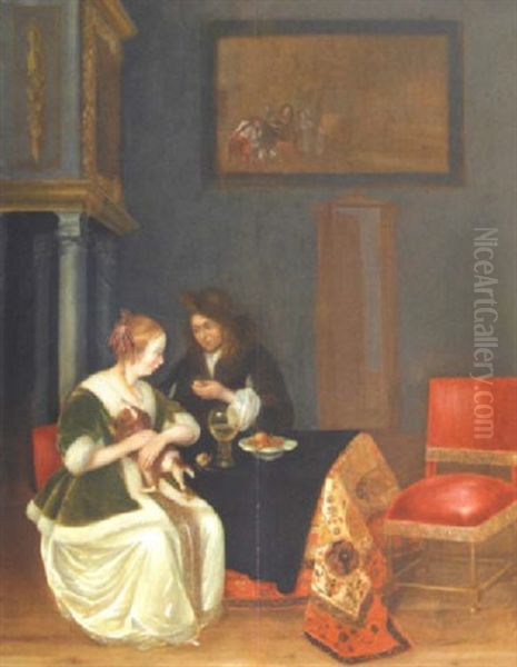 Gentilhomme Offrant Un Fruit A Une Dame by Pieter De Hooch