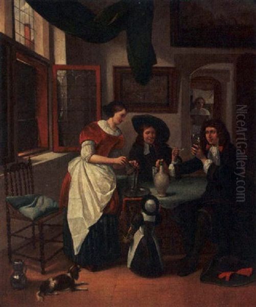 Elegant Figures Drinking And Smoking In An Interior Oil Painting by Pieter De Hooch