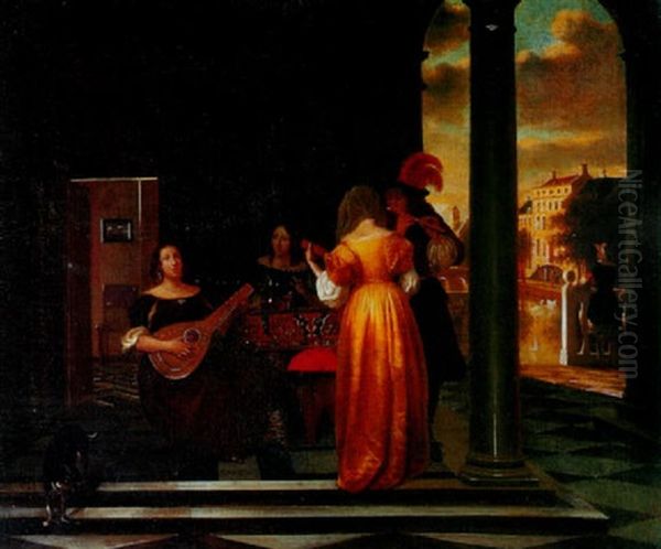 Three Women And A Man Making Music In A Vestibule Oil Painting by Pieter De Hooch