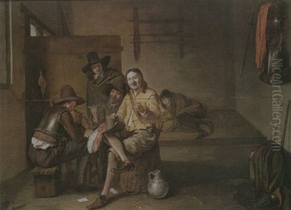 A Guardroom Interior With An Officer Smiling And Making A Toast, Together With A Flute-player And Other Soldiers Oil Painting by Pieter De Hooch