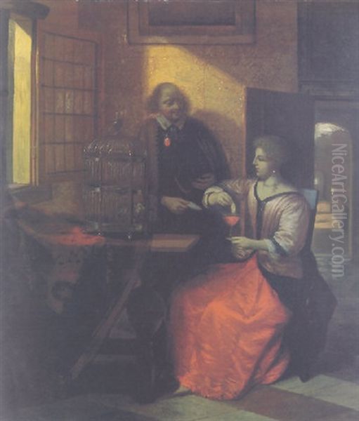 A Lady Feeding A Parrot With A Gentleman Handing Her A Letter In An Interior, A Courtyard Beyond Oil Painting by Pieter De Hooch