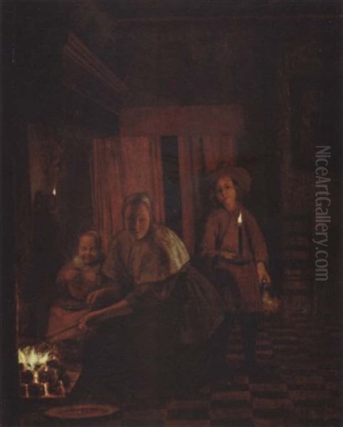 An Interior With A Mother And Child By A Fire And A Boy Holding A Candle by Pieter De Hooch