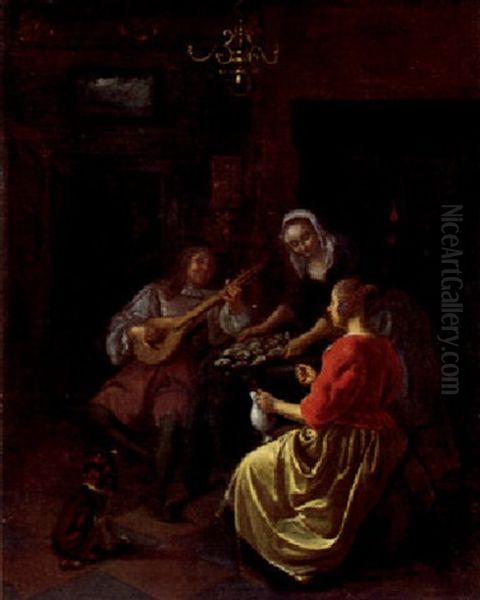 Interieur Mit Mann Und Frau Beim Austermahl Oil Painting by Pieter De Hooch