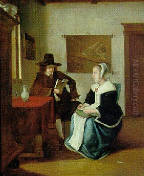 Interior With A Man Reading To A Seated Woman Oil Painting by Pieter De Hooch