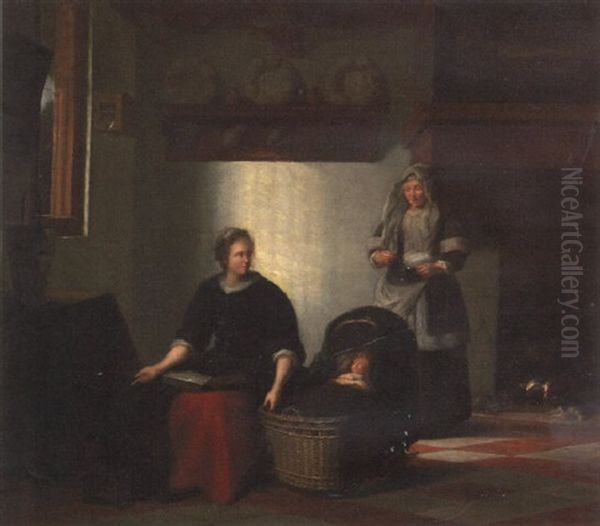 A Lady Rocking A Cradle By A Brazier With A Maidservant In An Interior by Pieter De Hooch