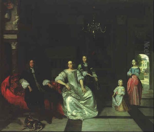 Group Portrait Of The Jacott-hoppesack Family With A Hound In A Sumptuous Classical Interior Oil Painting by Pieter De Hooch