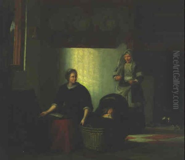 A Lady Rocking A Cradle By A Brazier With A Maidservant In An Interior Oil Painting by Pieter De Hooch