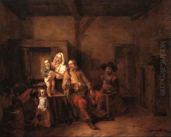 A Soldier And His Family In An Interior Oil Painting by Pieter De Hooch