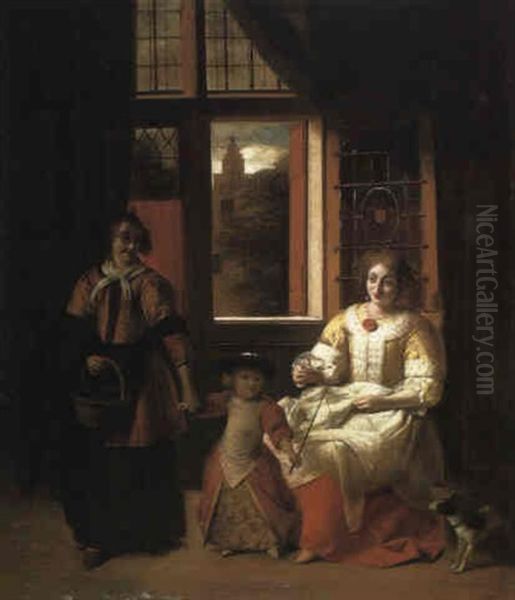 Woman Sewing By A Window With A Maidservant And Child Oil Painting by Pieter De Hooch