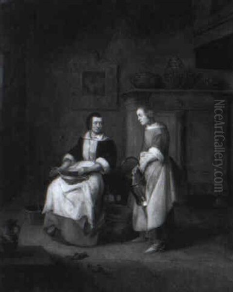 Maid Holding A Bucket And Presenting A Salmon To A Seated Woman Oil Painting by Pieter De Hooch