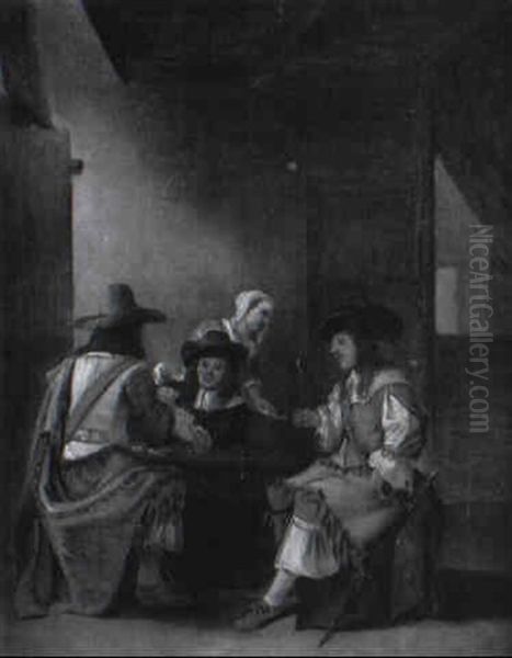 Soldiers Playing Cards And Drinking Wine In An Inn Oil Painting by Pieter De Hooch