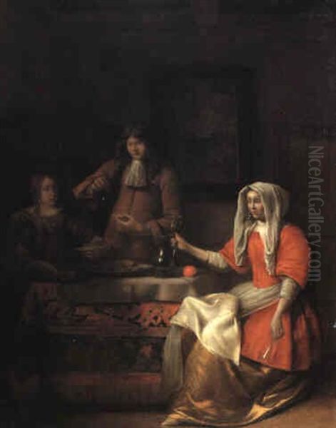 Interior With A Man And A Woman Eating Oysters At A Table With A Woman Oil Painting by Pieter De Hooch