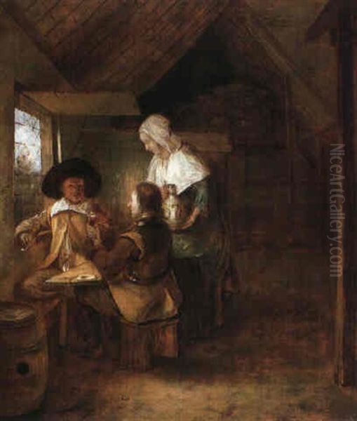 Maid Serving Officers In A Stable Oil Painting by Pieter De Hooch