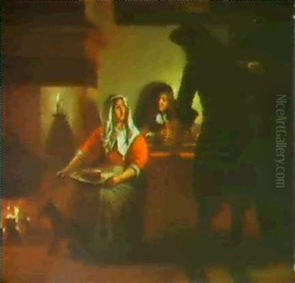 An Interior By Night With A Woman Seated By A Fire And Two  Soldiers Playing Oil Painting by Pieter De Hooch