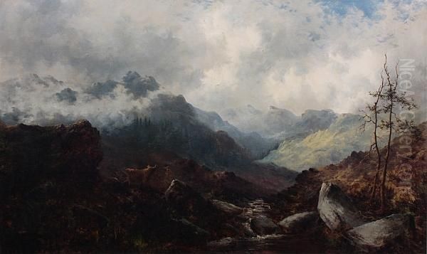 Cattle In A Highland Landscape At Sunrise; Highland Landscape At Sunset Oil Painting by Samuel John Barnes