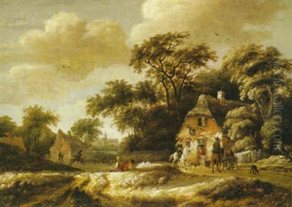 Lantlig Bymiljo Med Ridande Sallskap Oil Painting by Nicolaes Hooft