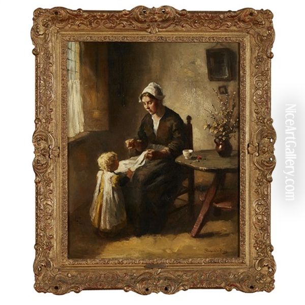 Interior With Mother Sewing Oil Painting by Bernard de Hoog