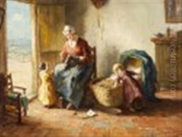 Tending Baby In A Seaside Cottage Oil Painting by Bernard de Hoog