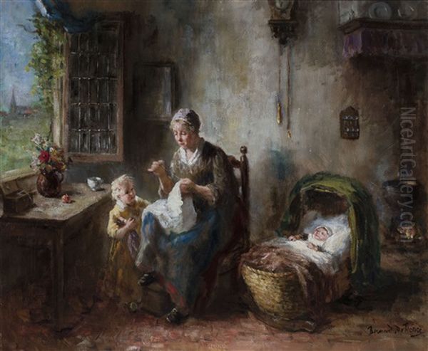 Mother With Children In Interior Oil Painting by Bernard de Hoog