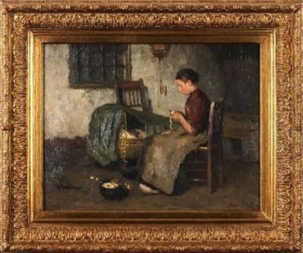 Peeling Vegetables'; A Cottage Interior Scene With A Mother And A Child In A Cot Oil Painting by Bernard de Hoog