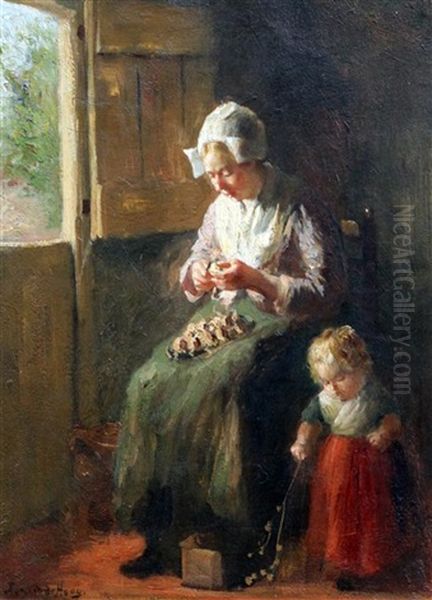 Interior With Woman Peeling Onions And A Child Oil Painting by Bernard de Hoog