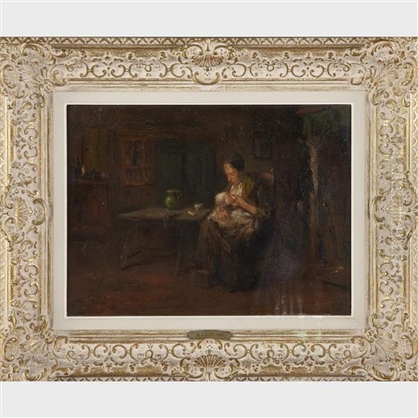 Interior With Mother Feeding Her Baby Oil Painting by Bernard de Hoog