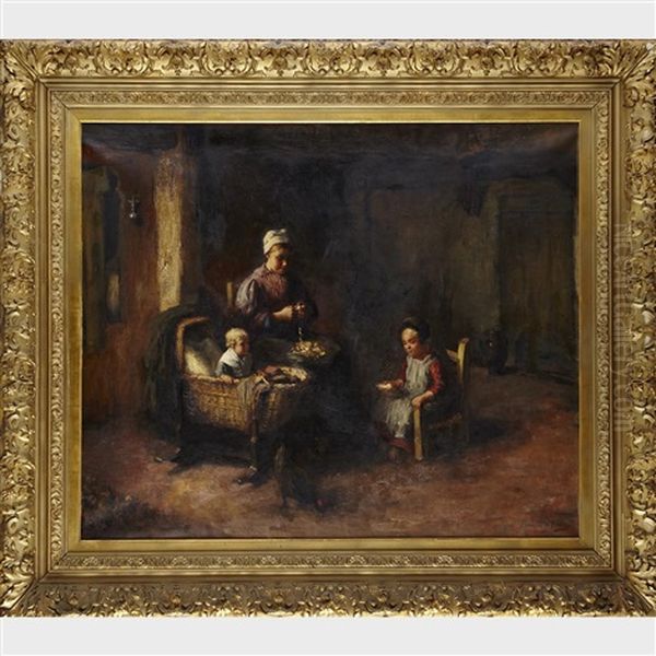 Mother Feeding Her Children In A Kitchen Interior Oil Painting by Bernard de Hoog