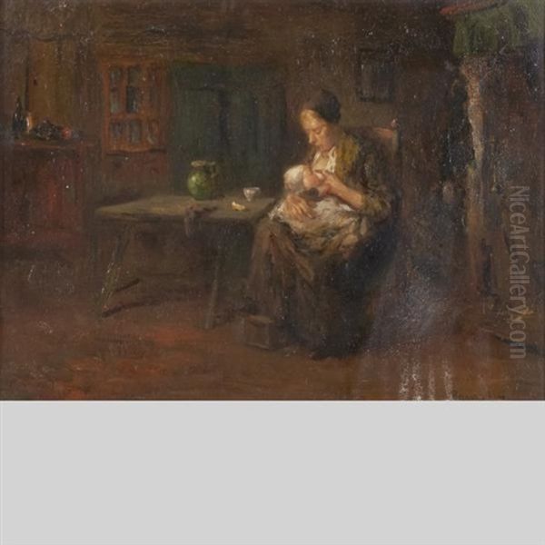 Interior With Mother Feeding Her Baby Oil Painting by Bernard de Hoog