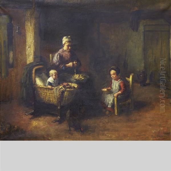 Mother Feeding Her Children In A Kitchen Interior Oil Painting by Bernard de Hoog