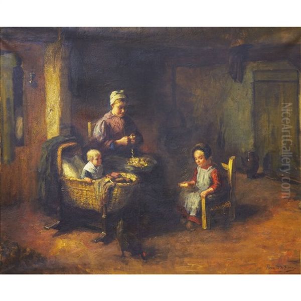 Mother Feeding Her Children In A Kitchen Interior Oil Painting by Bernard de Hoog