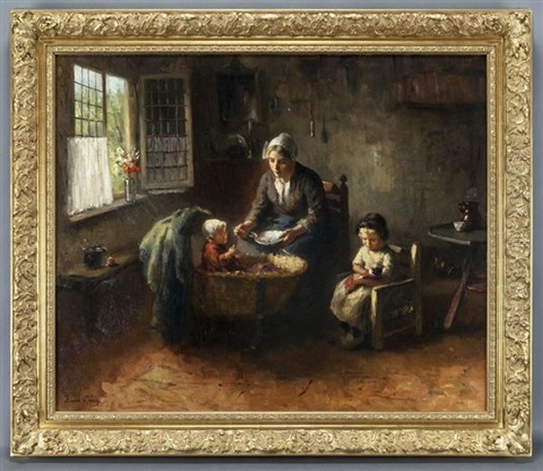 Interior Scene With Mother Feeding Her Children Oil Painting by Bernard de Hoog