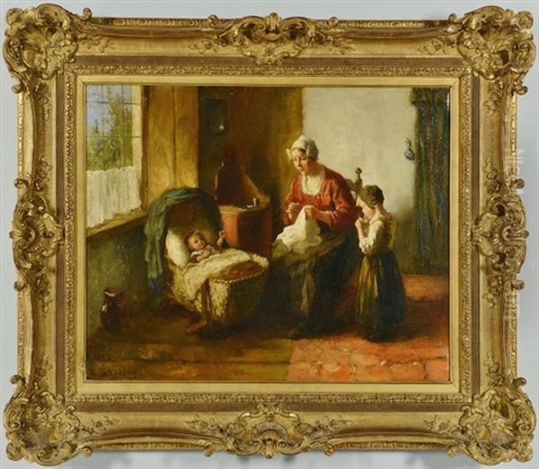 Genre Scene Depicting A Mother Sewing Oil Painting by Bernard de Hoog