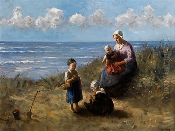 Mutter Mit Spielenden Kindern An Einem Hollandischen Strand Unter Sommerwolken Oil Painting by Bernard de Hoog