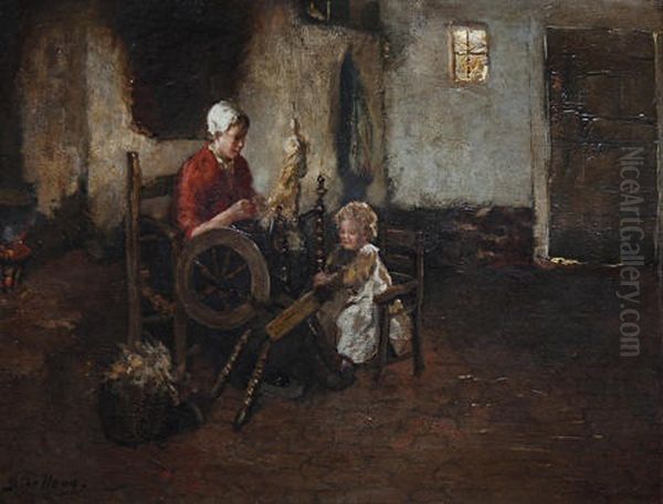 A Mother And Child In An Interior Oil Painting by Bernard de Hoog