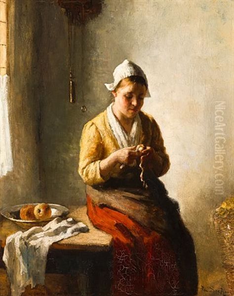 A Girl Peeling Apples Oil Painting by Bernard de Hoog