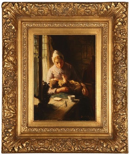 Woman And Child In A Dutch Interior Oil Painting by Bernard de Hoog