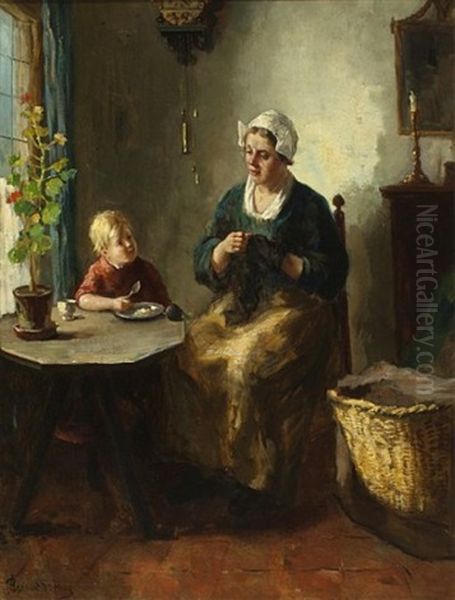 Mother Darning Oil Painting by Bernard de Hoog