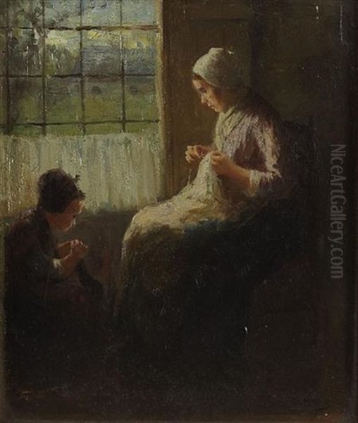 The Sewing Lesson Oil Painting by Bernard de Hoog