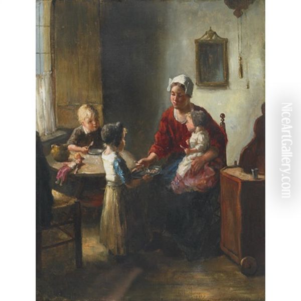 Helping Mother Feed Younger Sister Oil Painting by Bernard de Hoog